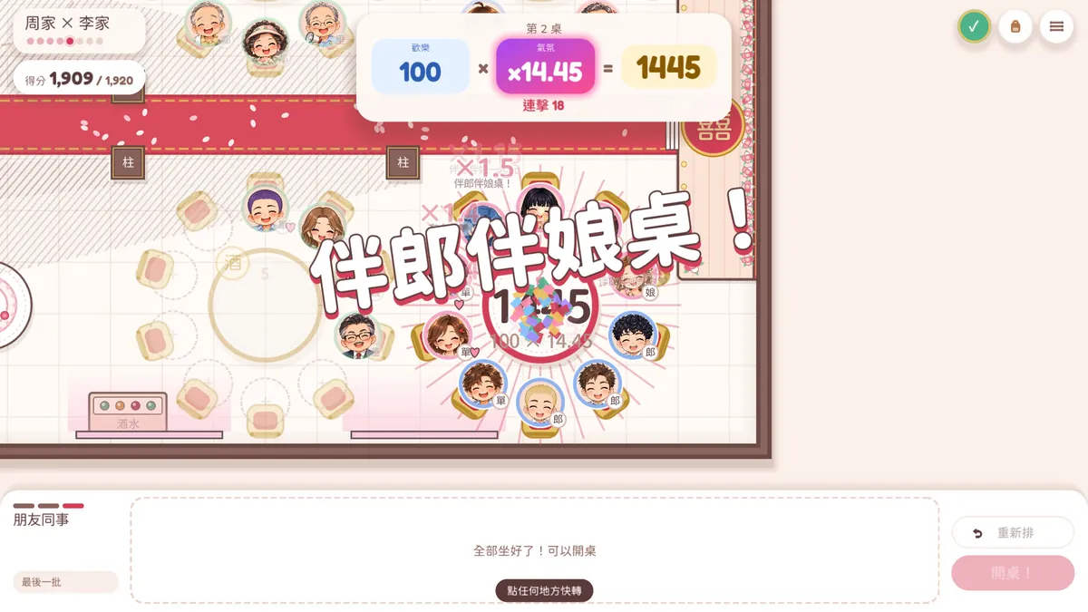 計分中:伴郎伴娘桌,歡樂 100 乘以氣氛 14.45,這桌 1,445 分
